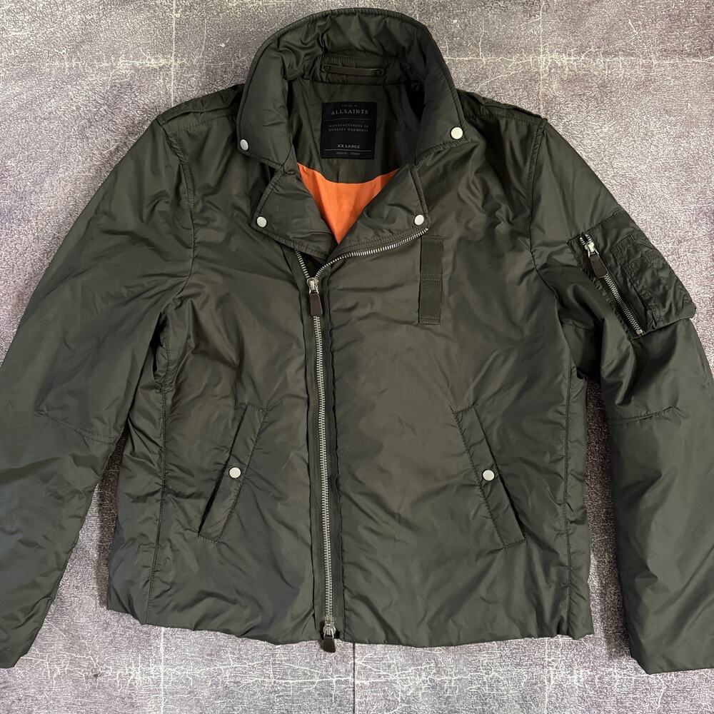 Women's AllSaints Army Green Orange Insulated Full Zip Up Bomber Jacket Sz 2XL